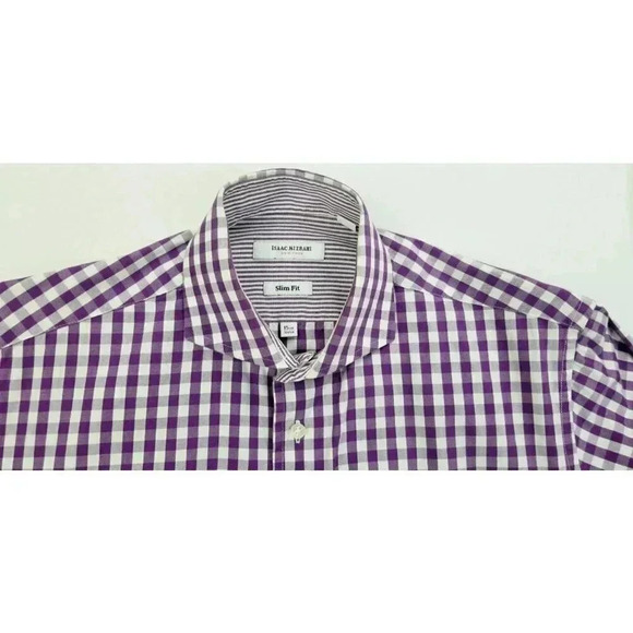 Isaac Mizrahi New York 15.5 32-33 Slim Fit Purple White Check Spread Collar Men - Picture 5 of 10